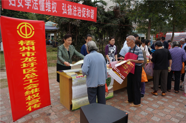 龍圩區(qū)總工會(huì)在2015年3月開展迎“三八”婦女維權(quán)月普法活動(dòng)，以“婦女法治懂維權(quán)，頌揚(yáng)法治促和諧”為指導(dǎo)思想，開展了以“